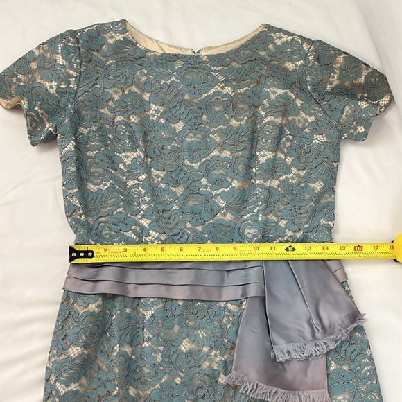 Vintage Handmade Galloon Lace Overlay Midi Dress in Slate Blue with Cream Lining - Picture 9 of 12